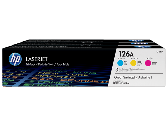 HP 126A 3-pack Cyan/Magenta/Yellow Original LaserJet Toner Cartridges, CF341A