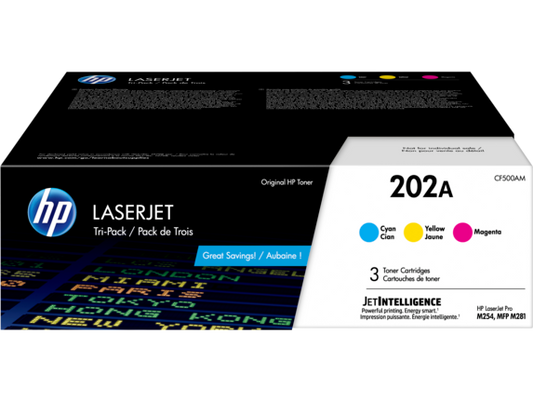 HP 202A 3-pack Cyan/Magenta/Yellow Original LaserJet Toner Cartridges, CF500AM
