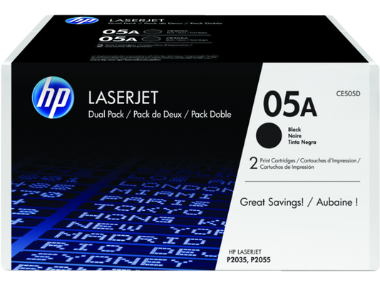 HP 05A 2-pack Black Original LaserJet Toner Cartridges, CE505D