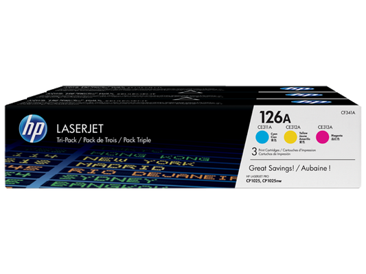 HP 126A 3-pack Cyan/Magenta/Yellow Original LaserJet Toner Cartridges, CF341A