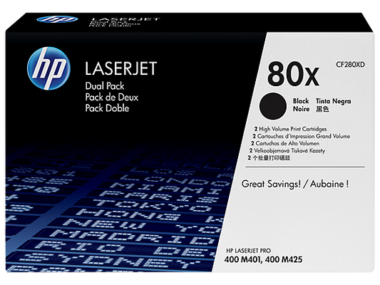 HP 80X 2-pack High Yield Black Original LaserJet Toner Cartridges, CF280XD