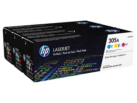 HP 305A 3-pack Cyan/Magenta/Yellow Original LaserJet Toner Cartridges, CF370AM