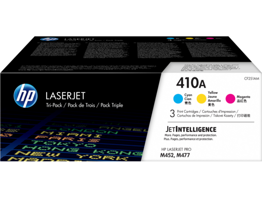 HP 410A 3-pack Cyan/Magenta/Yellow Original LaserJet Toner Cartridges, CF251AM