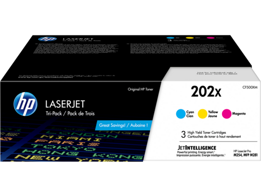 HP 202X 3-pack High Yield Cyan/Magenta/Yellow Original LaserJet Toner Cartridges, CF500XM