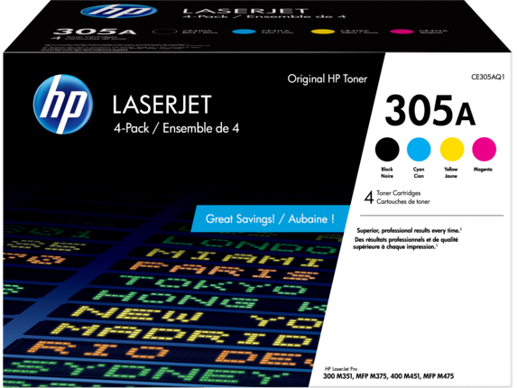 HP 305A 4-pack Black/Cyan/Magenta/Yellow Original LaserJet Toner Cartridges, CE305AQ1